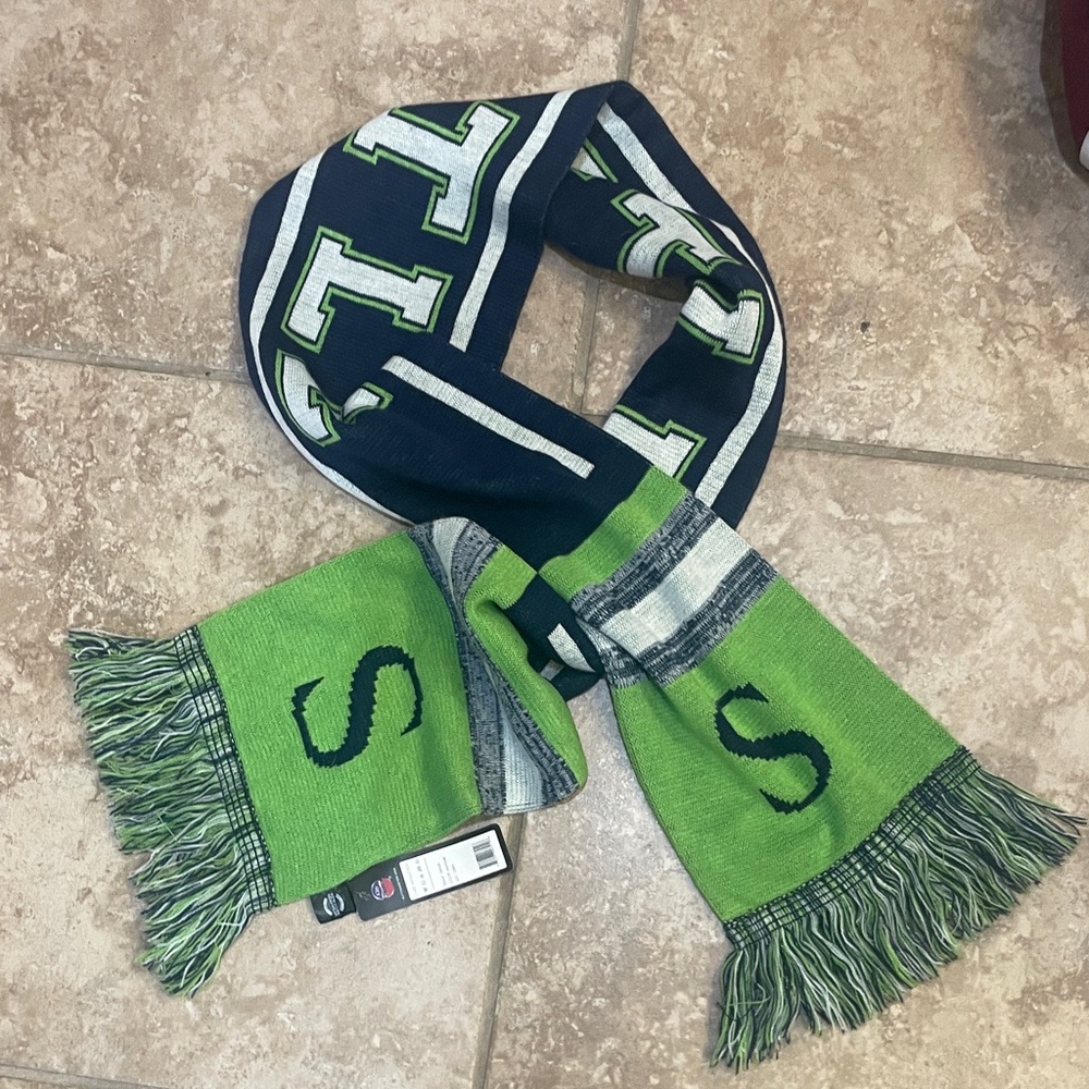 Green and Blue Knit Scarf with Lettering